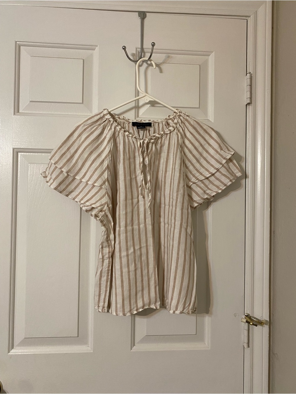 Lightweight Striped Peasant Top - Cream and Tan